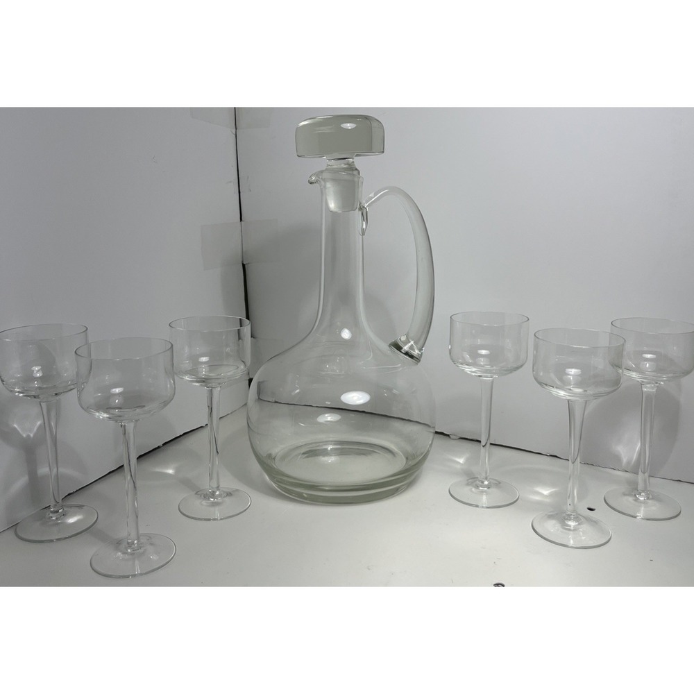 Mid Century French Glass Wine Carafe Decanter, Stopper, Handle 6 Stem Glasses